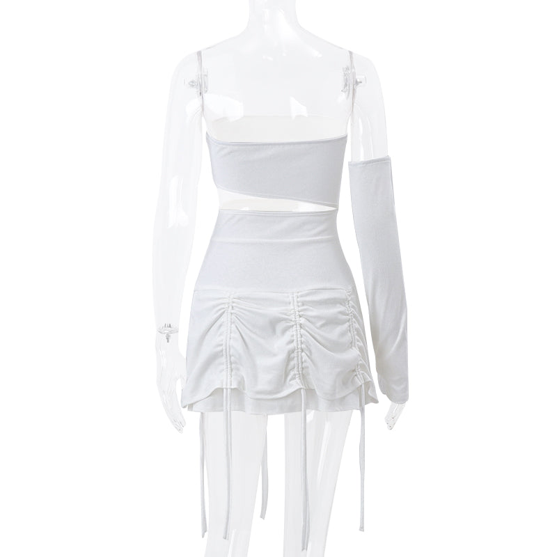 White Hollow Out Drawstring Strapless Mini Dress