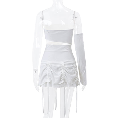 White Hollow Out Drawstring Strapless Mini Dress