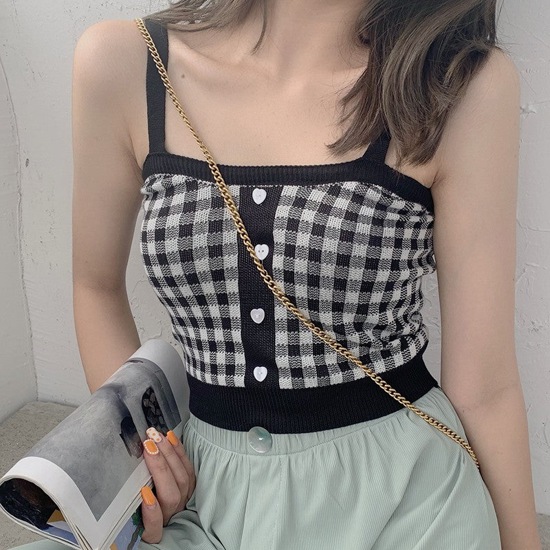 Cute Sexy Sweet Knit Plaid Checkered Botton Cami Crop Top Shirt Tee T-shirt E-Girl Kawaii Korean Japanese Harajuku Chinese Retro Streetwear Aesthetic