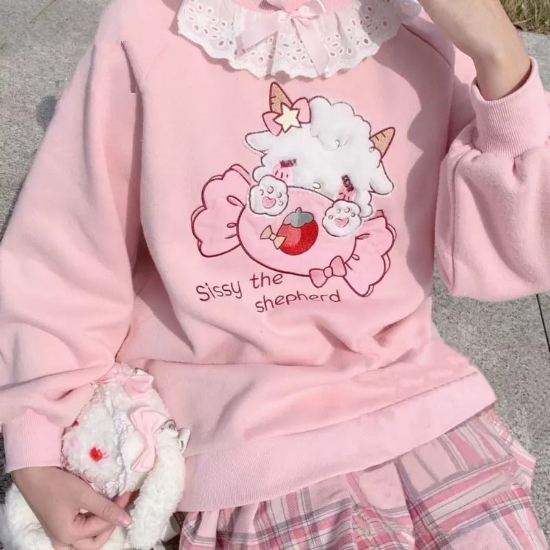 Pink Pastel Lamb Embroidery Lace Sweatshirt Sweater Long Sleeve Shirt Pullover Jumper E-Girl Kawaii Korean Japanese Harajuku Streetwear