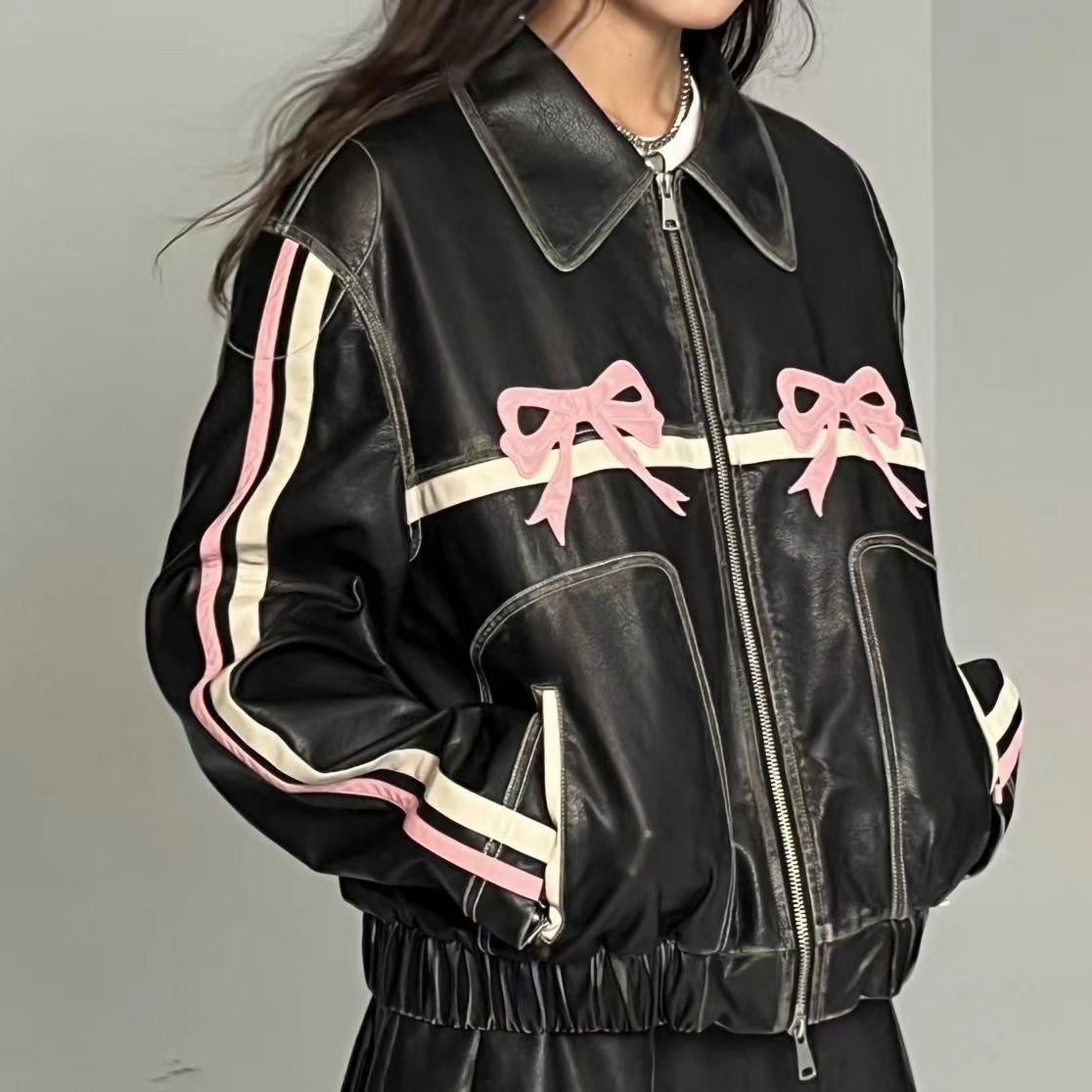 Bow Knot PU Leather Bomber Jacket