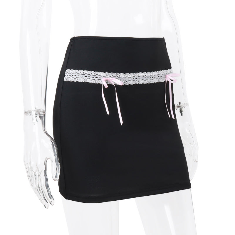 Black Bow Lace Trim High Waist Mini Skirt