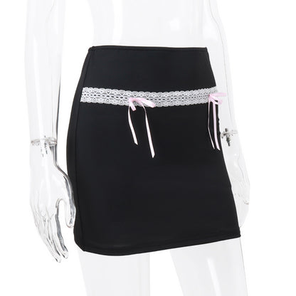 Black Bow Lace Trim High Waist Mini Skirt