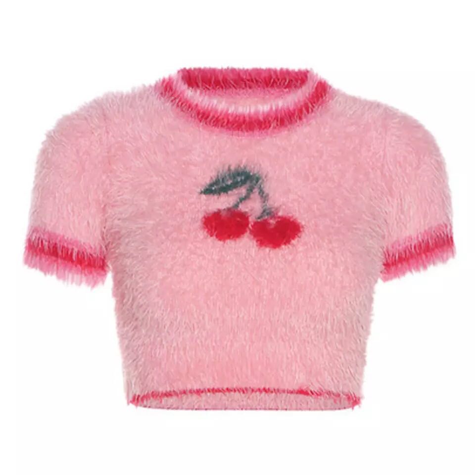 Pink Cherry Fluffy Soft Short Sleeve Shirt Crop Top Summer Aesthetic Casual E-Girl Kawaii Korean Japanese Harajuku