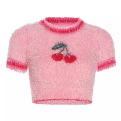 Pink Cherry Fluffy Soft Short Sleeve Shirt Crop Top Summer Aesthetic Casual E-Girl Kawaii Korean Japanese Harajuku