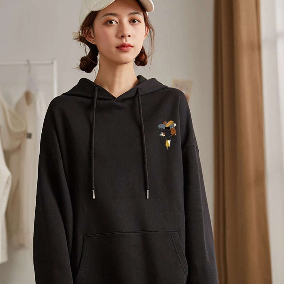Cute Cat Cartoon Pocket Print Loose Fleece Hoodie Crewneck Pullover Sweatshirt Aesthetic Casual E-Girl Kawaii Korean Japanese Harajuku