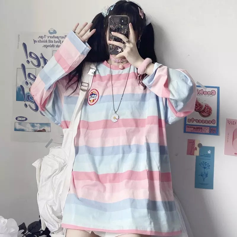 Pastel Rainbow Stripe Colorful Loose Oversize Long Sleeve Shirt T-shirt Top Embroidery Casual Autumn E-Girl Kawaii Korean Japanese Harajuku Streetwear