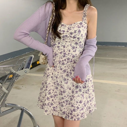 2PCS Purple Floral Spaghetti Strap Mini Dress + Cardigan