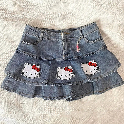 Cat Print Double A-Line Mini Skirt