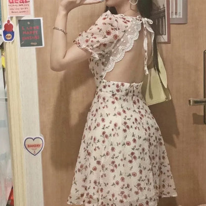 Sweet French Floral Elgeant Lace Backless Mini Dress Aesthetic Casual E-Girl Kawaii Korean Japanese Harajuku