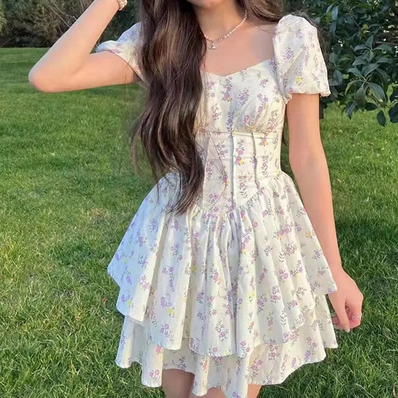 Floral Print Square Neck Puff Sleeve Dress