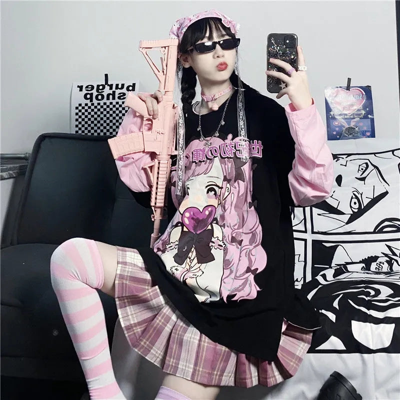 Cute Aesthetic Black Anime Girl Cartoon Print Short Sleeve Shirt Oversized Loose T-shirt Top Goth E-Girl Kawaii Korean Japanese Harajuku Streetwear