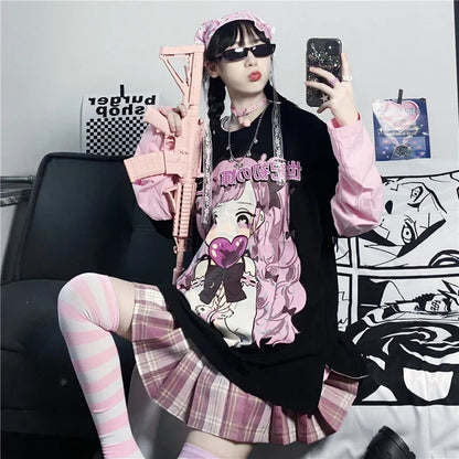 Cute Aesthetic Black Anime Girl Cartoon Print Short Sleeve Shirt Oversized Loose T-shirt Top Goth E-Girl Kawaii Korean Japanese Harajuku Streetwear