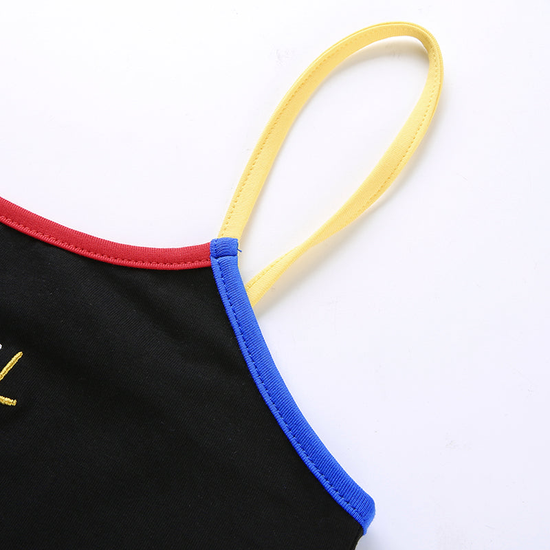 Cute Black Emotional Embroidery Crop Top Camisole Spaghetti Tank Shirt Tee T-shirt E-Girl Kawaii Korean Japanese Harajuku Retro Streetwear Aesthetic