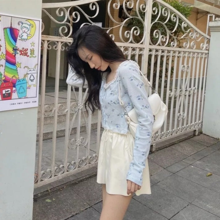 Sweet Floral Lace Chic Cardigan Patchwork Long Sleeve Shirt Crop Top Casual Summer E-Girl Kawaii Korean Japanese Harajuku