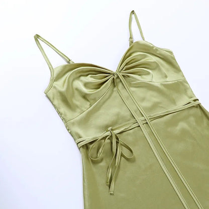 Green Satin Waist Tie Dress