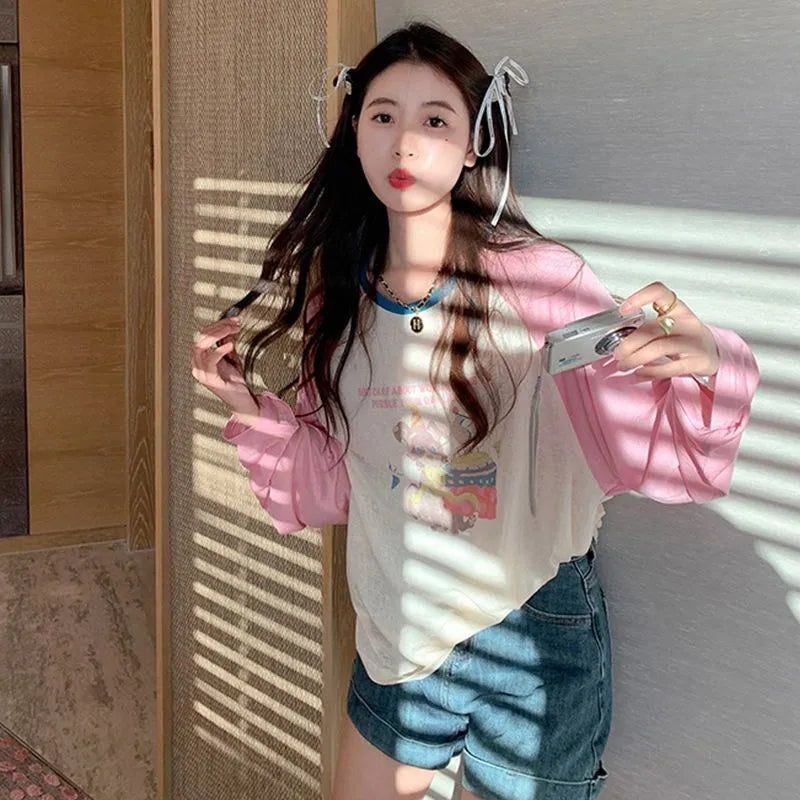Pink Teddy Bear Patchwork Long Sleeve Shirt