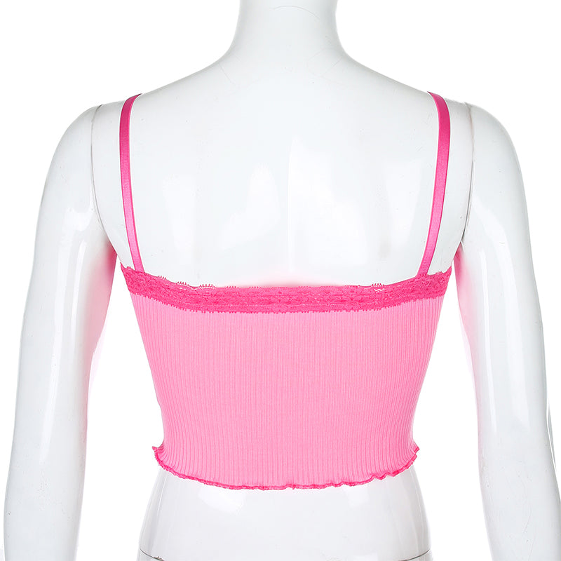 Cute Sexy Lace Patchwork Camisole Spaghetti Strap Crop Top Shirt Tee T-shirt E-Girl Kawaii Korean Japanese Harajuku Chinese Retro Streetwear Aesthetic