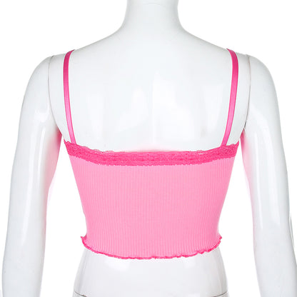 Cute Sexy Lace Patchwork Camisole Spaghetti Strap Crop Top Shirt Tee T-shirt E-Girl Kawaii Korean Japanese Harajuku Chinese Retro Streetwear Aesthetic