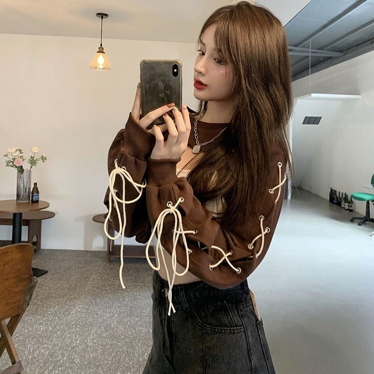 Brown Lace Up Crop Top