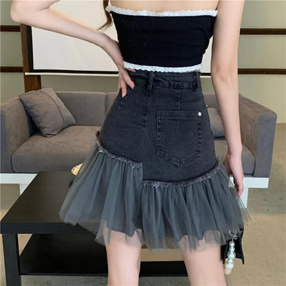 Black Tulle Patchwork Denim Skirt