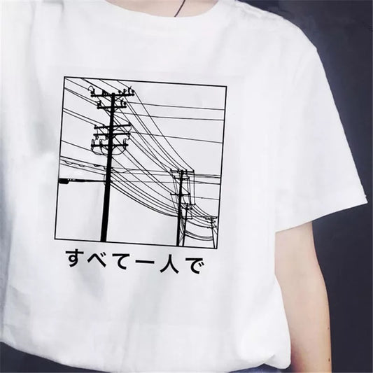 Cute White Funny Japan Power Line Print Loose Short Sleeve Short T-shirt Tee Top Summer Casual E-Girl Kawaii Korean Japanese Harajuku Streetwear