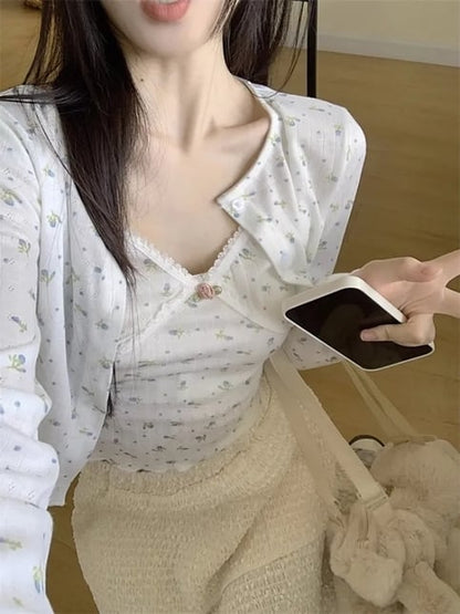 2PCS Floral Crop Top + Cardigan