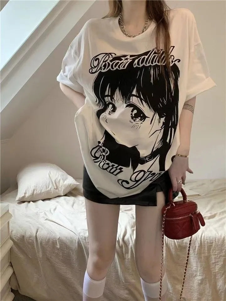 Anime Girl Print Oversized Short Sleeve T-shirt