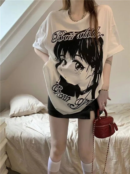 Anime Girl Print Oversized Short Sleeve T-shirt
