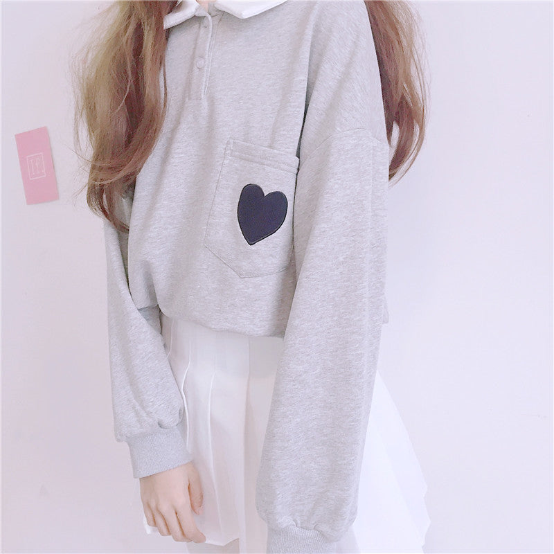 Cute Heart Embroidery Pocket Oversized Sweater Long Sleeve Shirt Pullover Hoodie Sweatshirt E-Girl Kawaii Korean Japanese Harajuku Retro Streetwear