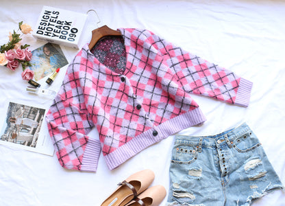 Cute Argyle Print Pink Purple V Neck Sweater Button Sweatshirt Cardigan Pullover Goth Punk Casual E-Girl Kawaii Korean Japanese Harajuku Streetwear