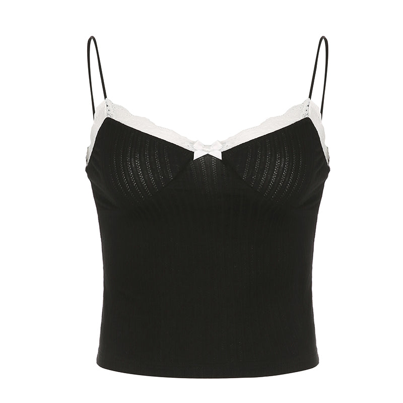 2PCS Patchwork Bow Lace Camisole + Knit Cardigan