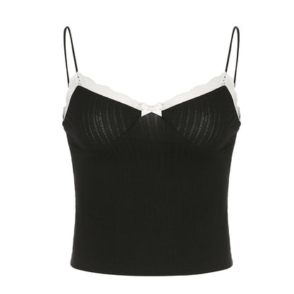 2PCS Patchwork Bow Lace Camisole + Knit Cardigan