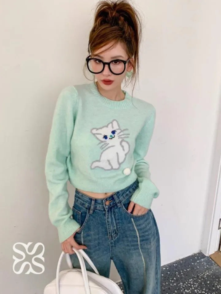 Blue Cat Print Cropped Sweater
