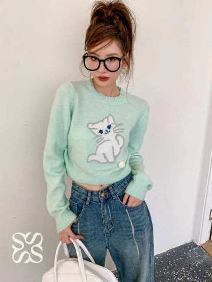 Blue Cat Print Cropped Sweater