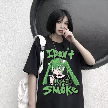 Anime Girl Smoke Cartoon Print Loose Oversized Short Sleeve T-shirt Top Summer Causal Goth Punk E-Girl Kawaii Korean Japanese Harajuku Streetwear