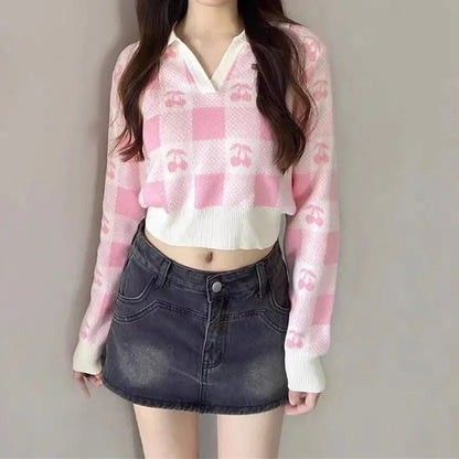 Cherry Plaid Polo Collar Sweater