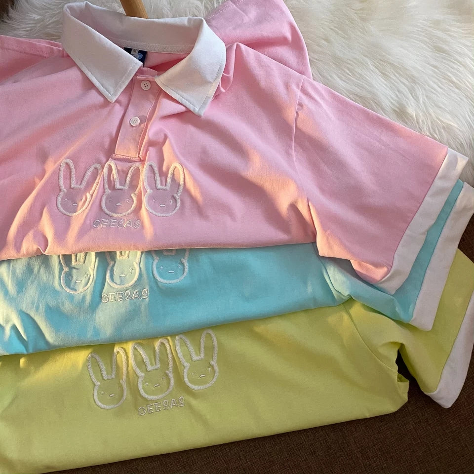 Cute Pastel Bunny Rabbit Embroidery Polo Short Sleeve T- Shirt Top Aesthetic Casual Summer E-Girl Kawaii Korean Japanese Harajuku