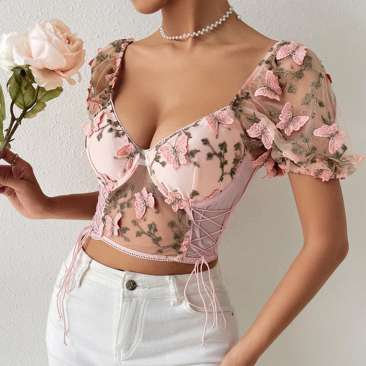 Butterfly Embroidery Puff Short Sleeve Top