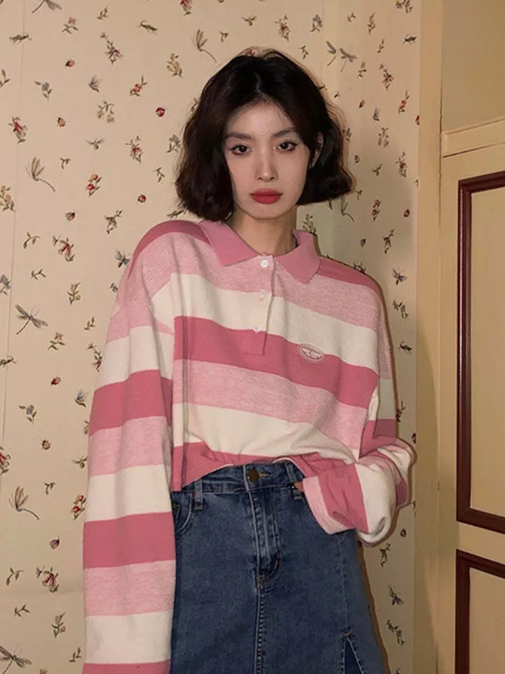Pink Striped Oversized Preppy Long Sleeve T-shirt