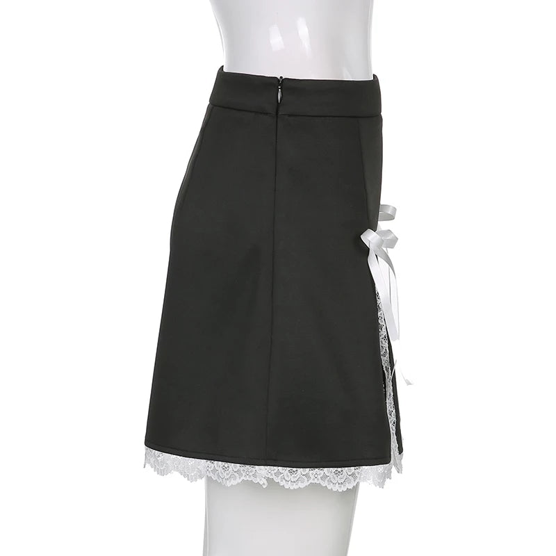 Cute Black Maid Lace Trim Mini Skirt 90s Party Summer Aesthetic Casual E-Girl Kawaii Korean Japanese Harajuku