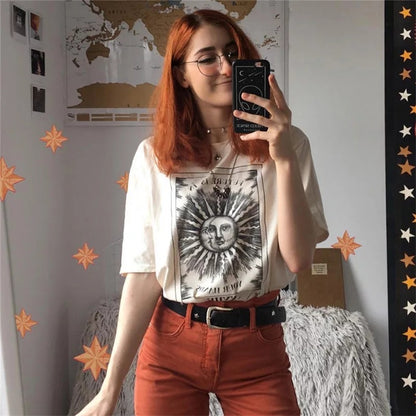 Cute Tarot Card Sun Moon Print Short Sleeve Shirt T-shirt Tee Top Kawaii Korean Japanese Harajuku Chinese Retro Streetwear Aesthetic Fashion