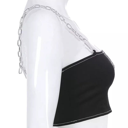 Sexy Black Goth Punk Letter Print Metal Chain Camisole Tank Crop Top Shirt Summer E-Girl Kawaii Korean Japanese Harajuku Retro Streetwear