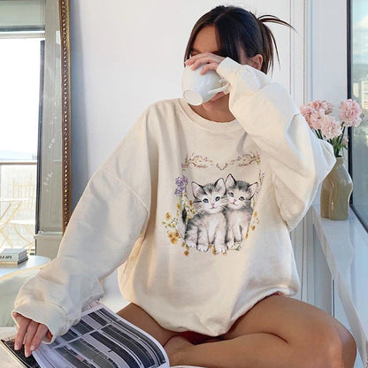 Kitten Cat Cartoon Print Sweatshirt Causal Long Sleeve Shirt Crew Neck Oversize Loose Sweater E-Girl Kawaii Korean Japanese Harajuku Streetwear