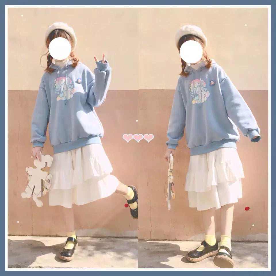 Cute Cream Bunny Rabbit Print Long Sleeve Hoodie Oversized Pullover Sweater Aesthetic Casual E-Girl Kawaii Korean Japanese Harajuku