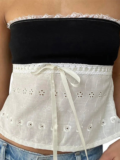 Off Shoulder Lace Trim Patchwork Top