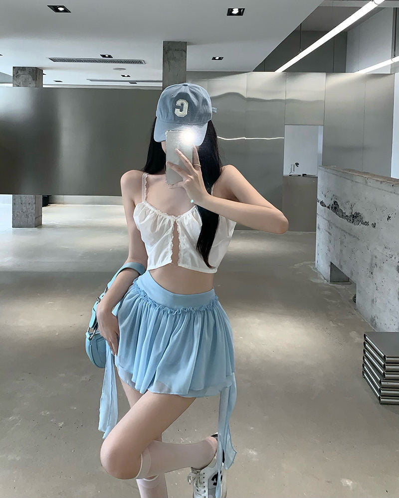 Blue Ruffle High Waist Tulle Mini Skirt
