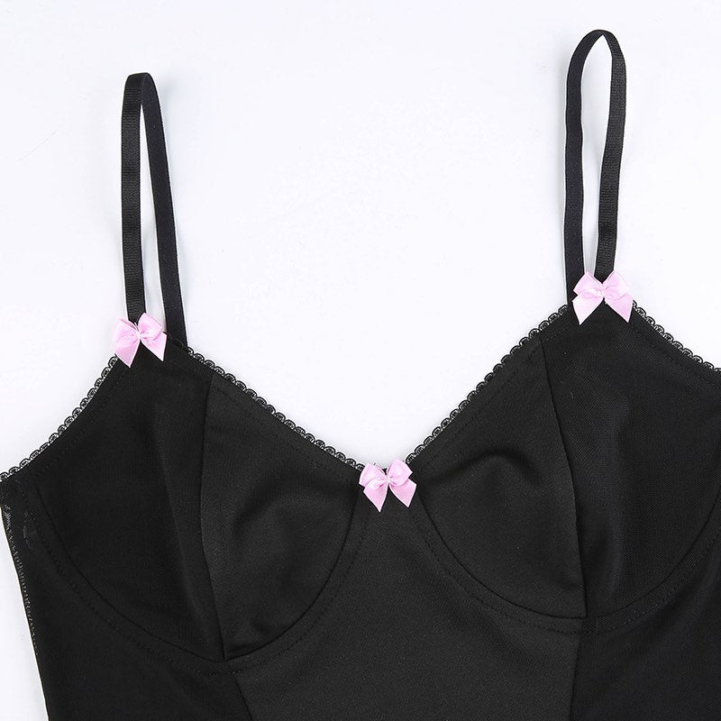Sexy Pink Ribbon Bow Mesh Panel V Neck Crop Top Camisole Sleeveless Shirt Summer Goth Aesthetic E-Girl Kawaii Korean Japanese Harajuku Streetwear