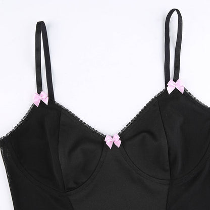 Sexy Pink Ribbon Bow Mesh Panel V Neck Crop Top Camisole Sleeveless Shirt Summer Goth Aesthetic E-Girl Kawaii Korean Japanese Harajuku Streetwear