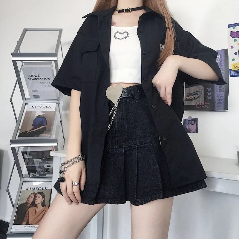 Cute Black Heart Bow Pocket Denim Mini Skirt High Waisted Pleated Aesthetic Goth Casual Summer E-Girl Kawaii Korean Japanese Harajuku